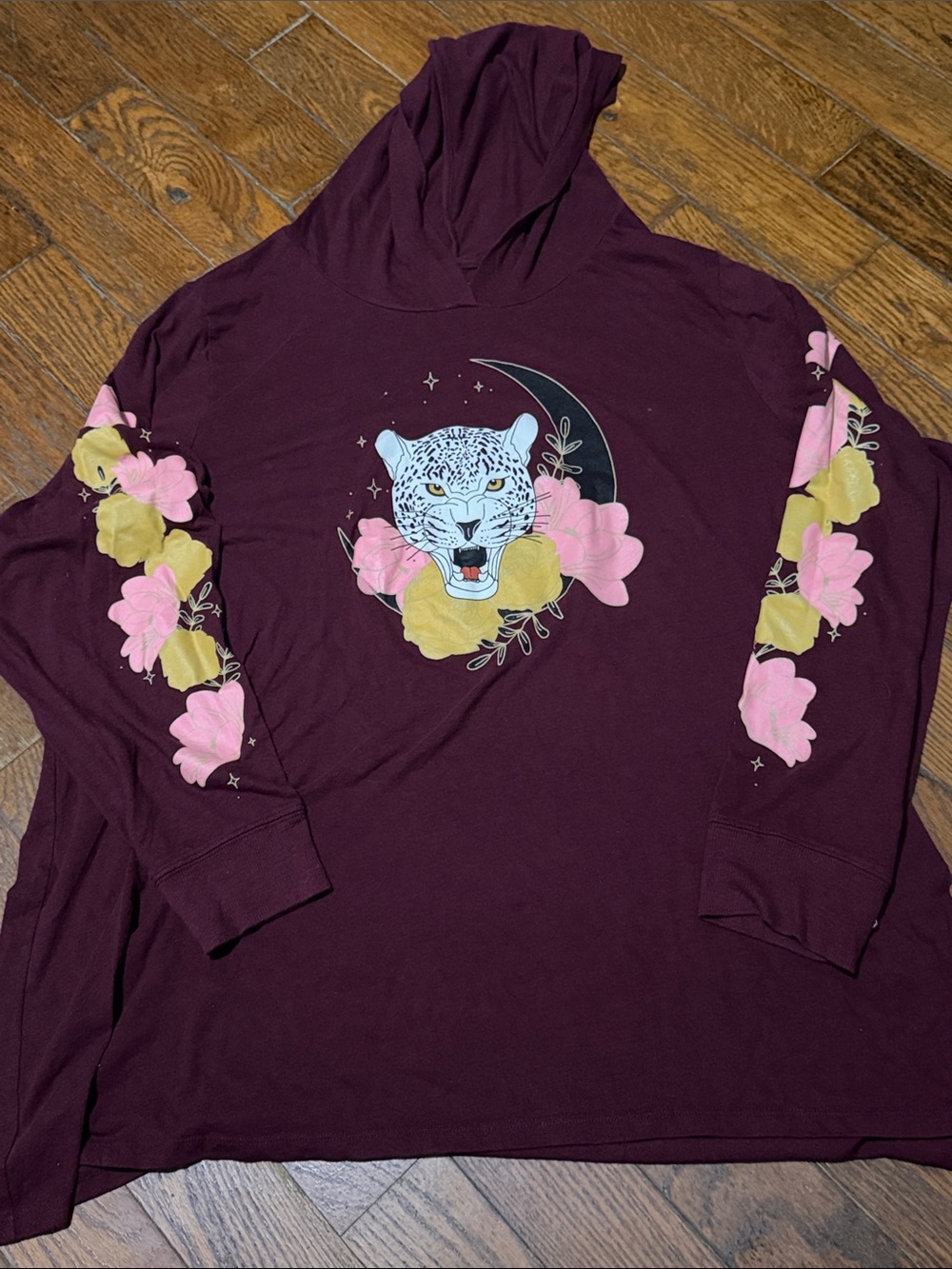 torrid Burgundy Hooded Top with Leopard Graphic & Pink Floral Sleeves
